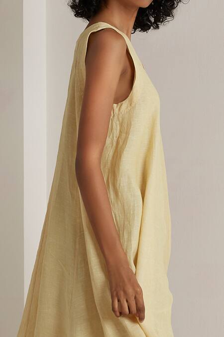 Shop_Eka_Yellow Linen V Neck Dress _Online_at_Aza_Fashions