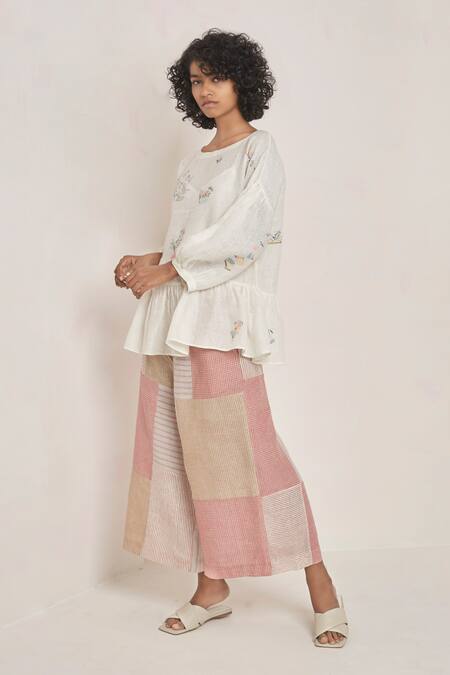 Buy_Eka_White Linen Round Embroidered Top _Online_at_Aza_Fashions