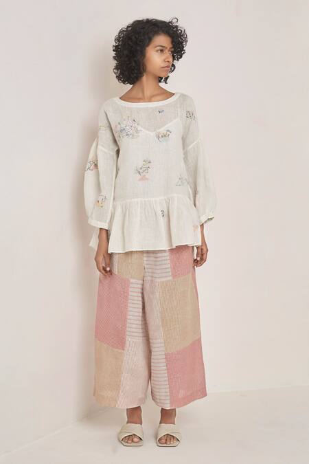 Eka_White Linen Round Embroidered Top _Online_at_Aza_Fashions