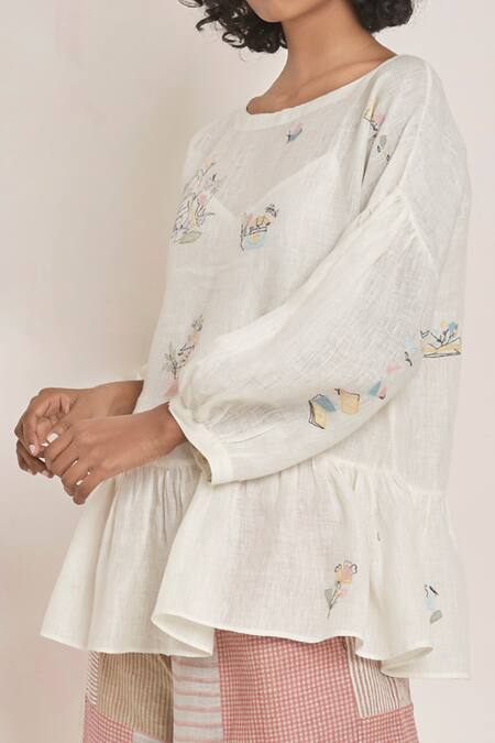 Shop_Eka_White Linen Round Embroidered Top _Online_at_Aza_Fashions
