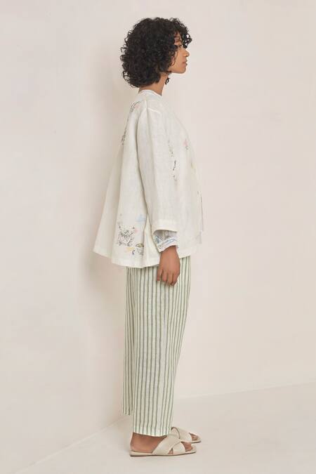 Eka_White Linen Round Embroidered Jacket _Online_at_Aza_Fashions