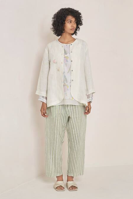 Buy_Eka_White Linen Round Embroidered Jacket _Online_at_Aza_Fashions