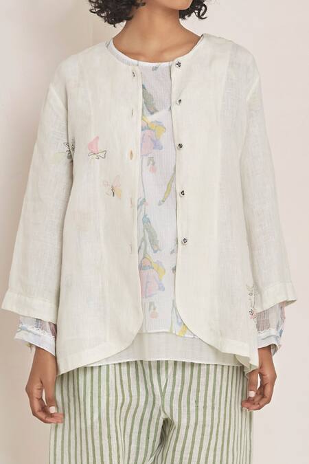 Shop_Eka_White Linen Round Embroidered Jacket _Online_at_Aza_Fashions