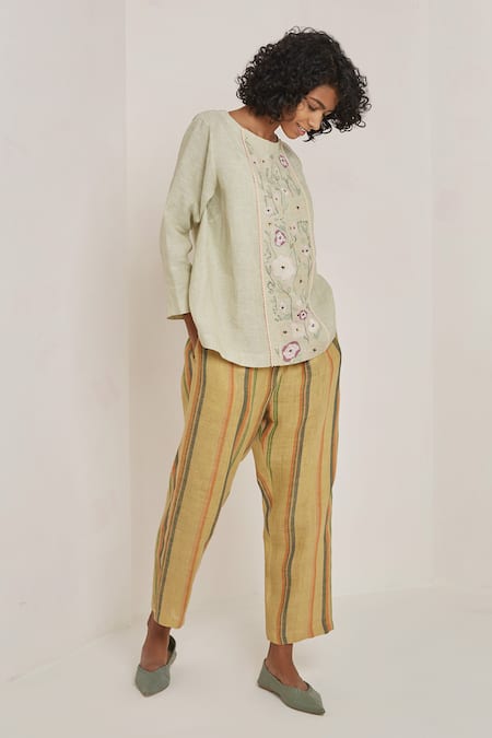 Eka_Green Linen Round Embroidered Top _Online_at_Aza_Fashions