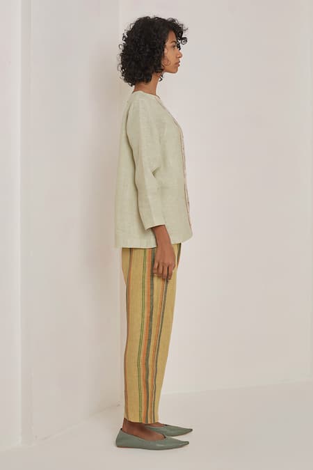 Buy_Eka_Green Linen Round Embroidered Top _Online_at_Aza_Fashions