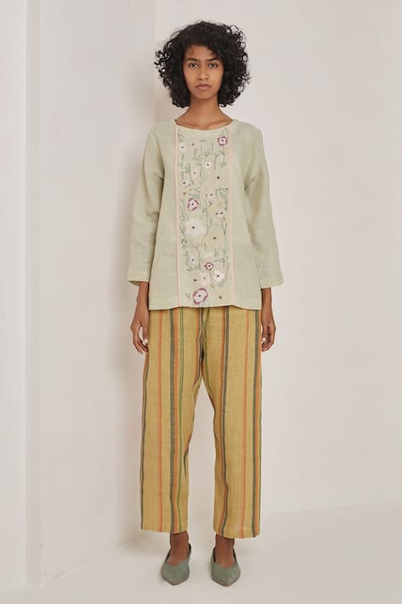 Shop_Eka_Green Linen Round Embroidered Top _Online_at_Aza_Fashions