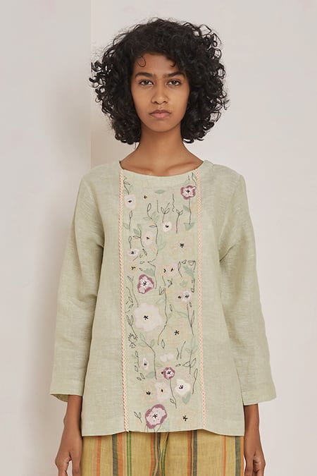 Eka_Green Linen Round Embroidered Top _at_Aza_Fashions