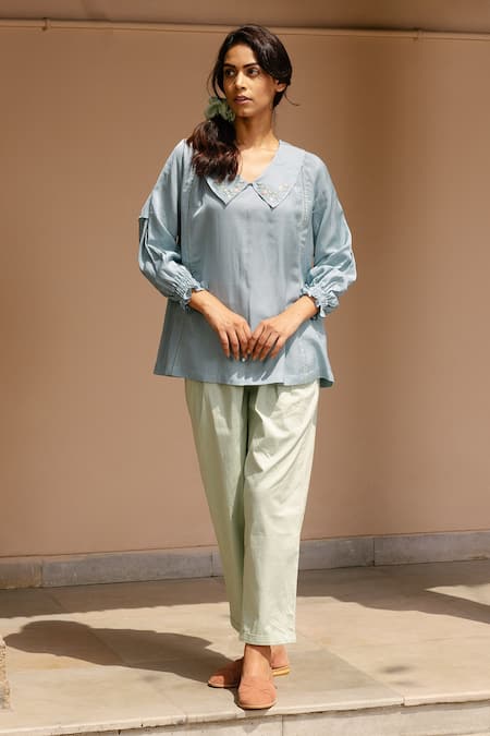 Ayaka Blue 100% Organic Cotton Made With Soyabean Fibres Floral Peter Pant Top