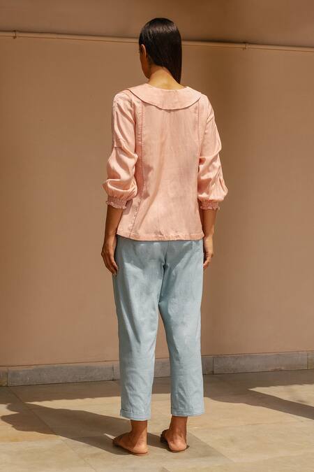 Shop Ayaka Pink 100% Organic Cotton Made With Soyabean Fibres Floral Peter Frill Sleeve Top at Aza Fashions Shop_Ayaka_Pink 100% Organic Cotton Made With Soyabean Fibres Floral Peter Frill Sleeve Top _at_Aza_Fashions