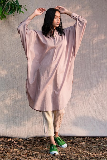 Anavila Pink Organic Cotton Mandarin Collar Tunic