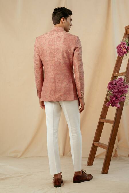 Shop Philocaly Pink Raw Silk Cross Stitch Embroidered Bandhgala at Aza Fashions Shop_Philocaly_Pink Raw Silk Cross Stitch Embroidered Bandhgala _at_Aza_Fashions