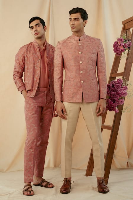 Philocaly Pink Raw Silk Cross Stitch Embroidered Bandhgala Online at Aza Fashions Philocaly_Pink Raw Silk Cross Stitch Embroidered Bandhgala _Online_at_Aza_Fashions