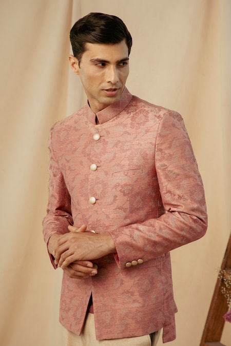 Buy Philocaly Pink Raw Silk Cross Stitch Embroidered Bandhgala Online at Aza Fashions Buy_Philocaly_Pink Raw Silk Cross Stitch Embroidered Bandhgala _Online_at_Aza_Fashions