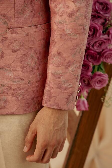 Philocaly Pink Raw Silk Cross Stitch Embroidered Bandhgala at Aza Fashions Philocaly_Pink Raw Silk Cross Stitch Embroidered Bandhgala _at_Aza_Fashions