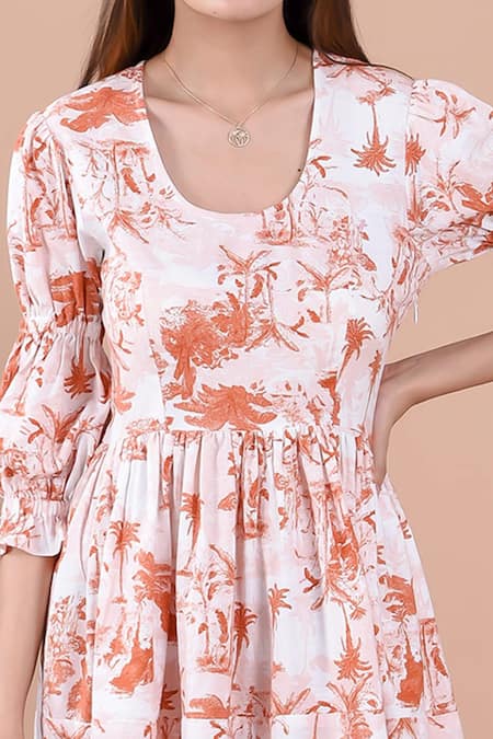 House Of Her_White Rayon Sylvan Printed Dress_at_Aza_Fashions