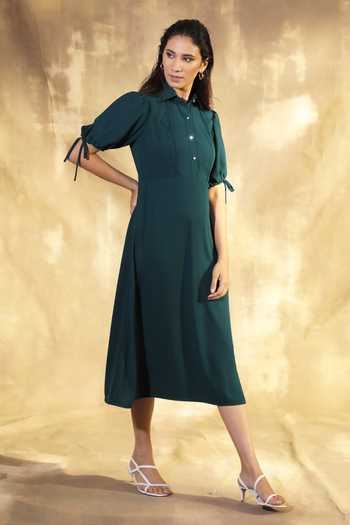 House Of Her_Green Moss Crepe Olivia Shirt Dress_Online_at_Aza_Fashions