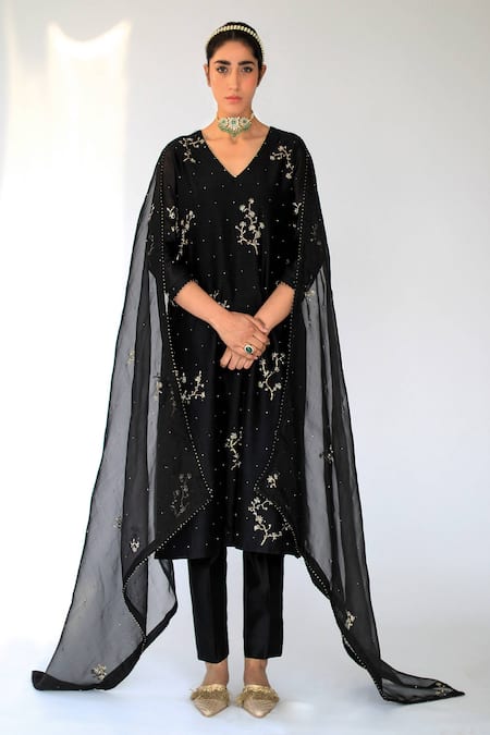 Shikha Mehta Black Chanderi, Silk Organza V Neck Kurta Set Online at Aza Fashions Shikha Mehta_Black Chanderi, Silk Organza V Neck Kurta Set_Online_at_Aza_Fashions