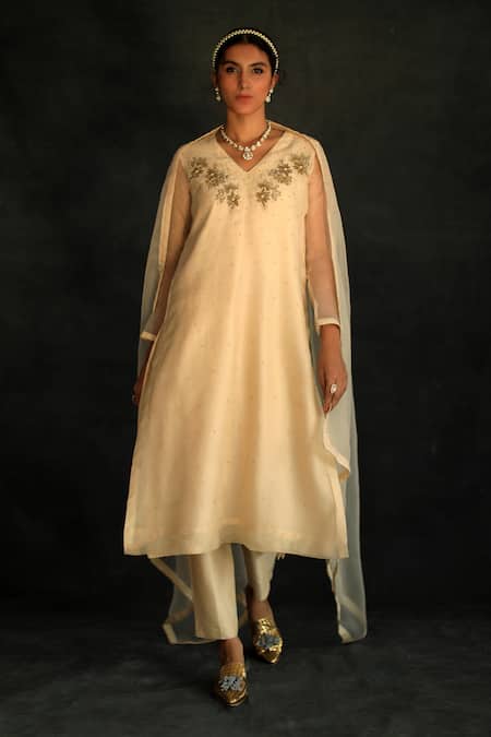 Shikha Mehta Beige Chanderi, Silk Organza V Neck Embroidered Kurta Set Online at Aza Fashions Shikha Mehta_Beige Chanderi, Silk Organza V Neck Embroidered Kurta Set_Online_at_Aza_Fashions