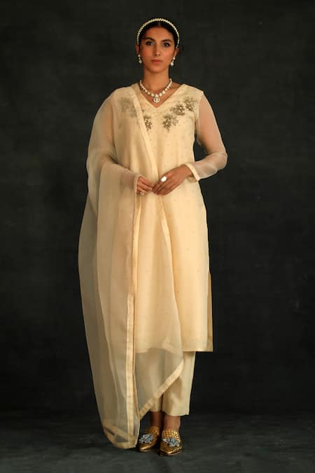 Buy Shikha Mehta Beige Chanderi, Silk Organza V Neck Embroidered Kurta Set Online at Aza Fashions Buy_Shikha Mehta_Beige Chanderi, Silk Organza V Neck Embroidered Kurta Set_Online_at_Aza_Fashions