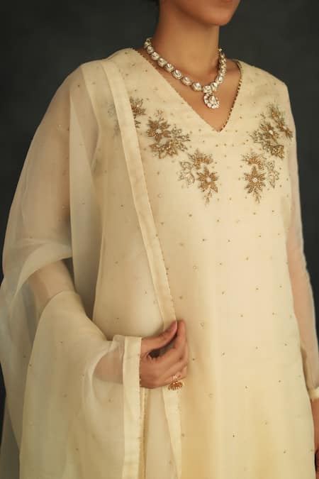 Shop_Shikha Mehta_Beige Chanderi, Silk Organza V Neck Embroidered Kurta Set_Online_at_Aza_Fashions