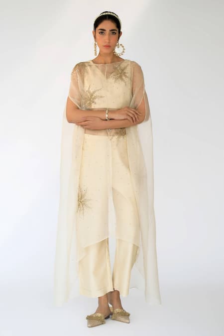 Shikha Mehta Beige Pure Organza, Chanderi Straight Embellished Cape And Pant Set