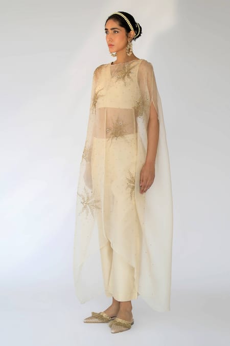 Shop Shikha Mehta Beige Pure Organza, Chanderi Straight Embellished Cape And Pant Set at Aza Fashions Shop_Shikha Mehta_Beige Pure Organza, Chanderi Straight Embellished Cape And Pant Set _at_Aza_Fashions