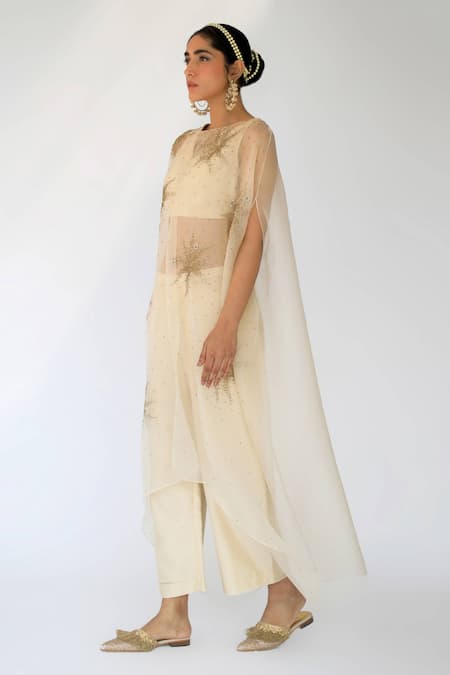 Shikha Mehta Beige Pure Organza, Chanderi Straight Embellished Cape And Pant Set Online at Aza Fashions Shikha Mehta_Beige Pure Organza, Chanderi Straight Embellished Cape And Pant Set _Online_at_Aza_Fashions