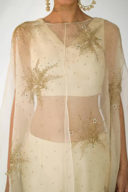 Buy Shikha Mehta Beige Pure Organza, Chanderi Straight Embellished Cape And Pant Set Online at Aza Fashions Buy_Shikha Mehta_Beige Pure Organza, Chanderi Straight Embellished Cape And Pant Set _Online_at_Aza_Fashions