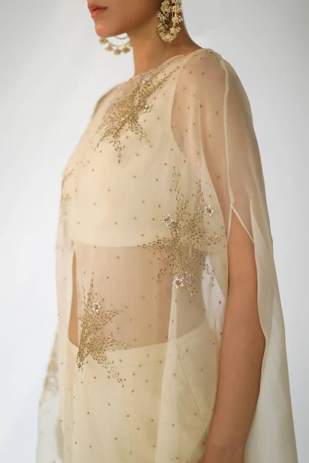Shop Shikha Mehta Beige Pure Organza, Chanderi Straight Embellished Cape And Pant Set Online at Aza Fashions Shop_Shikha Mehta_Beige Pure Organza, Chanderi Straight Embellished Cape And Pant Set _Online_at_Aza_Fashions