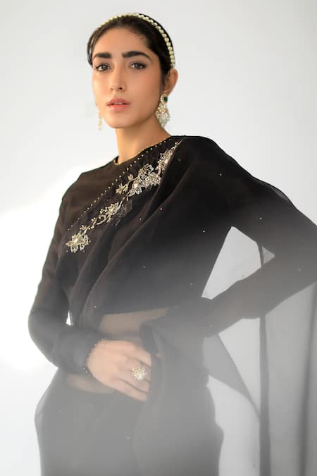 Shop Shikha Mehta Black Chanderi, Silk Organza Round Saree With Blouse at Aza Fashions Shop_Shikha Mehta_Black Chanderi, Silk Organza Round Saree With Blouse_at_Aza_Fashions