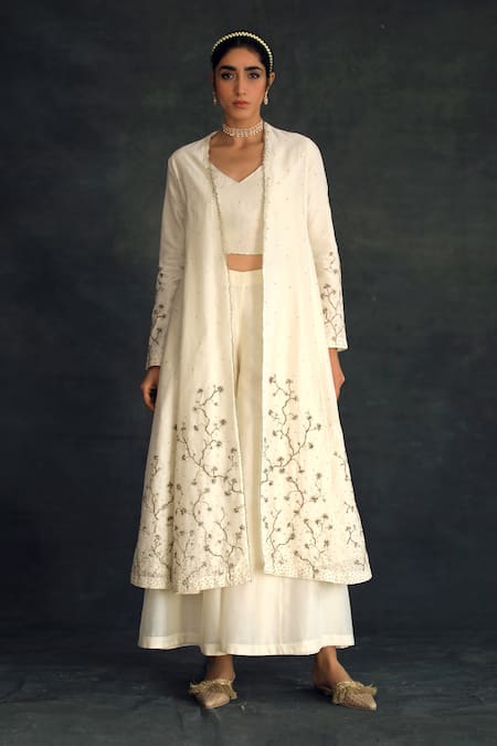 Shikha Mehta Beige Silk Chanderi V Neck Kalidar Jacket And Pant Set