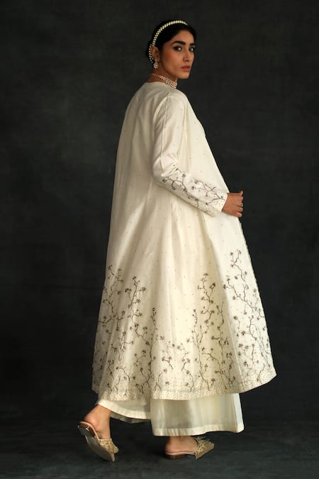 Shop Shikha Mehta Beige Silk Chanderi V Neck Kalidar Jacket And Pant Set at Aza Fashions Shop_Shikha Mehta_Beige Silk Chanderi V Neck Kalidar Jacket And Pant Set_at_Aza_Fashions