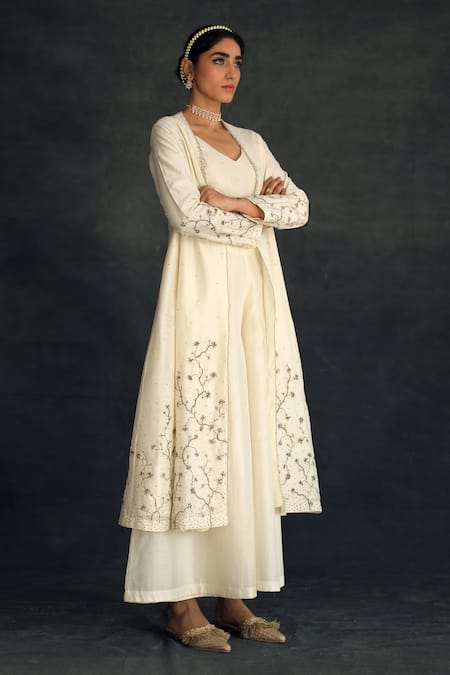 Shikha Mehta Beige Silk Chanderi V Neck Kalidar Jacket And Pant Set Online at Aza Fashions Shikha Mehta_Beige Silk Chanderi V Neck Kalidar Jacket And Pant Set_Online_at_Aza_Fashions