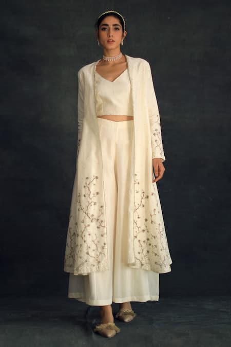 Buy Shikha Mehta Beige Silk Chanderi V Neck Kalidar Jacket And Pant Set Online at Aza Fashions Buy_Shikha Mehta_Beige Silk Chanderi V Neck Kalidar Jacket And Pant Set_Online_at_Aza_Fashions