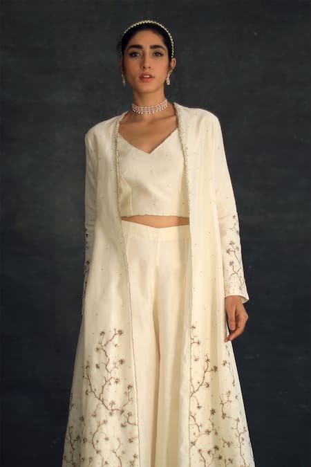 Shop Shikha Mehta Beige Silk Chanderi V Neck Kalidar Jacket And Pant Set Online at Aza Fashions Shop_Shikha Mehta_Beige Silk Chanderi V Neck Kalidar Jacket And Pant Set_Online_at_Aza_Fashions