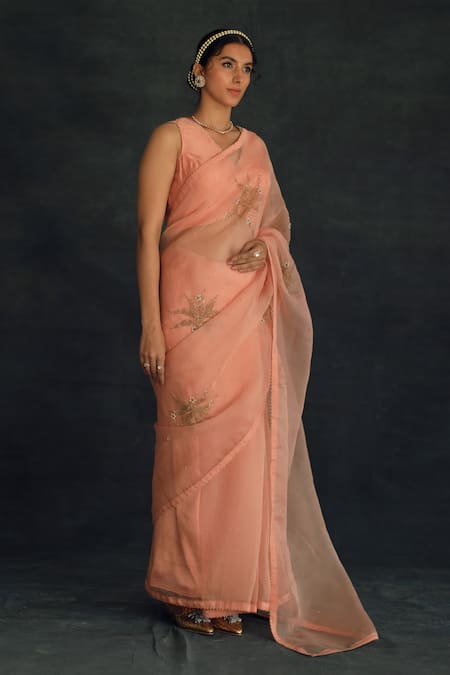 Shikha Mehta Peach Silk Chanderi Organza Embroidered Saree Online at Aza Fashions Shikha Mehta_Peach Silk Chanderi Organza Embroidered Saree_Online_at_Aza_Fashions