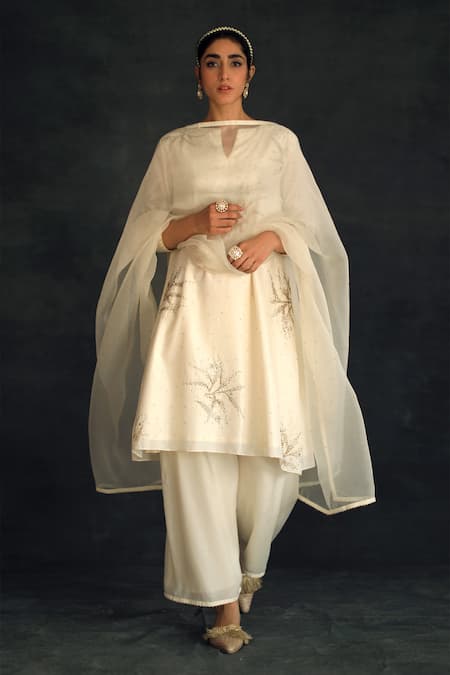 Shikha Mehta White , Muslin , Organza Notched Kurta Set