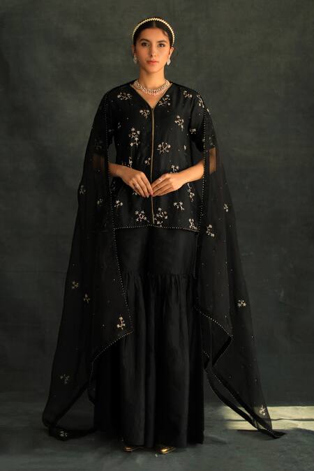 Shikha Mehta Black Chanderi, Silk Organza V Neck Sharara Set Online at Aza Fashions Shikha Mehta_Black Chanderi, Silk Organza V Neck Sharara Set_Online_at_Aza_Fashions
