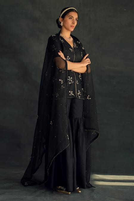 Shop Shikha Mehta Black Chanderi, Silk Organza V Neck Sharara Set at Aza Fashions Shop_Shikha Mehta_Black Chanderi, Silk Organza V Neck Sharara Set_at_Aza_Fashions