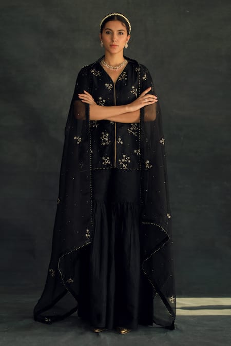 Shikha Mehta Black Chanderi, Silk Organza V Neck Sharara Set