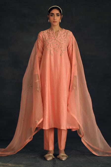 Shikha Mehta Peach Chanderi, Silk Organza Notched Kurta Set