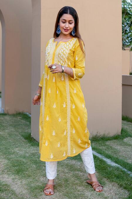 Saksh_Yellow Chikankari Kurta Set_Online_at_Aza_Fashions
