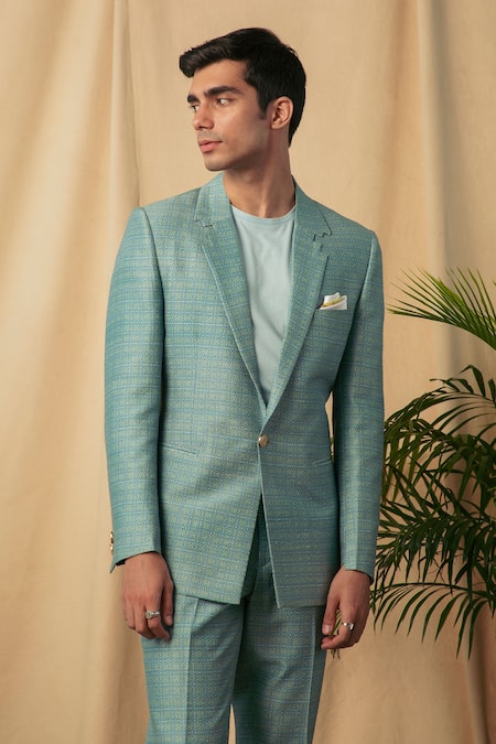 Philocaly_Blue Silk Floral Tellaro Print Blazer _Online_at_Aza_Fashions