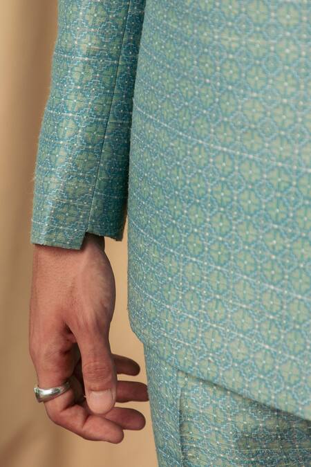 Philocaly_Blue Silk Floral Tellaro Print Blazer _at_Aza_Fashions