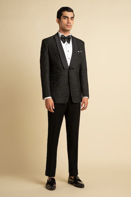 Philocaly Black Cotton, Silk Blend Cutdana Ritz Embellished Tuxedo Online at Aza Fashions Philocaly_Black Cotton, Silk Blend Cutdana Ritz Embellished Tuxedo _Online_at_Aza_Fashions