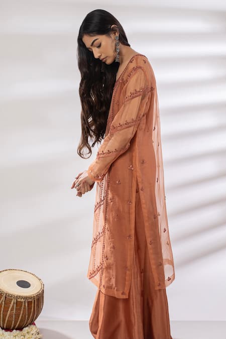 Shop Rashi Jain Orange Chanderi Round Jumpsuit With Organza Tunic at Aza Fashions Shop_Rashi Jain_Orange Chanderi Round Jumpsuit With Organza Tunic _at_Aza_Fashions