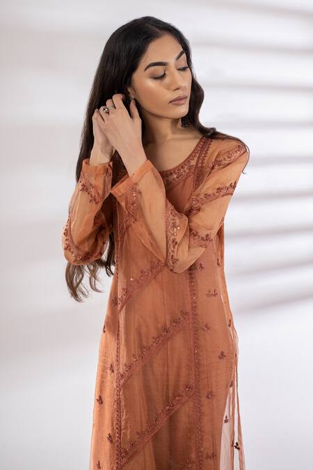 Rashi Jain_Orange Chanderi Round Jumpsuit With Organza Tunic _Online_at_Aza_Fashions