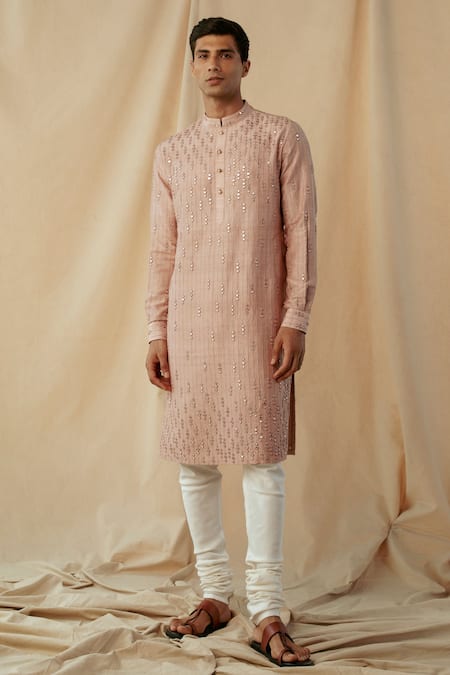 Philocaly Peach Raw Silk Embroidered Mirror Work Comet Kurta 