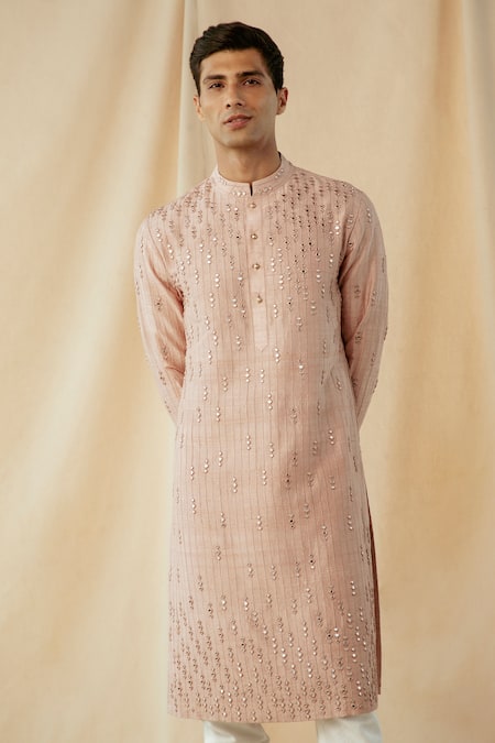 Philocaly_Peach Raw Silk Mirror Work Comet Kurta _Online_at_Aza_Fashions