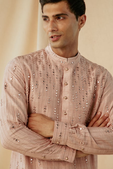 Buy_Philocaly_Peach Raw Silk Mirror Work Comet Kurta _Online_at_Aza_Fashions